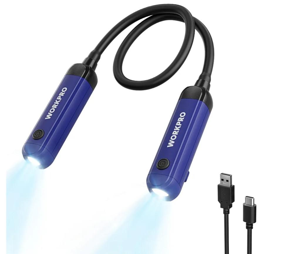 WORKPRO Rechargeable Neck Light for Hands-Free Lighting, 3 Brightness Levels 300 Lumens Neck Light, Bendable Silicone Arm, Great for Mechanics, Reading, Camping, DIY Projects, Crafting, Blue and Black