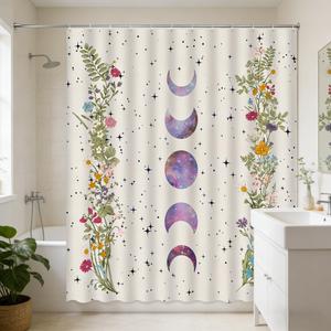 Moon Phase Shower Curtain Boho Floral Celestial Wildflower Spring Plant Herbs Beige Bathroom Decor(70" WX70 H)