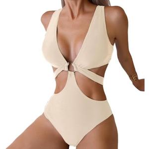 Favnac Women's Deep V Neck One Piece Swimsuit O-Ring Swimwear Sexy Cut Out Bathing Suit, L