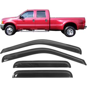 IKON MOTORSPORTS Tape On External Window Visor, Compatible with 1999-2016 Ford F250 F350 F450 F550 Super Duty Crew Cab, Dark Smoke Acrylic Shade Rain Sun Guard Wind Vent Air Deflector