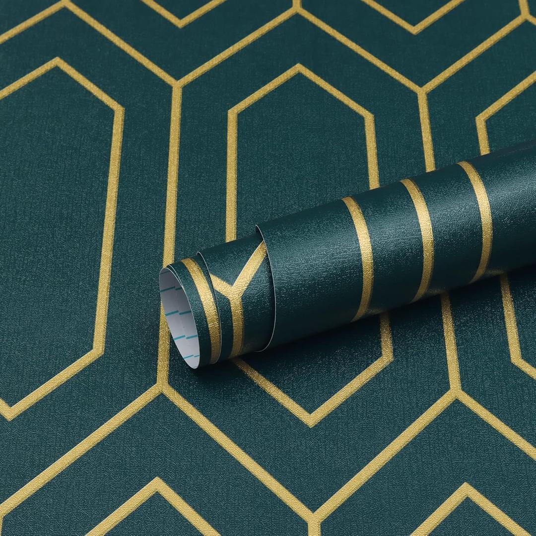 Safiyya Geometric Wallpaper Gold and Dark Teal Contact Paper Self Adhesive Wallpaper Peel and Stick Contact Paper Removable Wallpaper for Walls Vinyl Roll 196"x17.3"