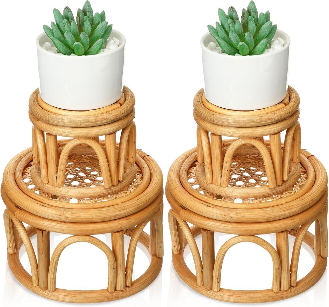 Wenqik 4 Pcs Boho Rattan Plant Stand Woven Wicker Round Riser Stand Indoor Rustic Farmhouse Natural Circle Plant Pedestal Round Accent Centerpiece for Home Kitchen Office Display, 2 Size
