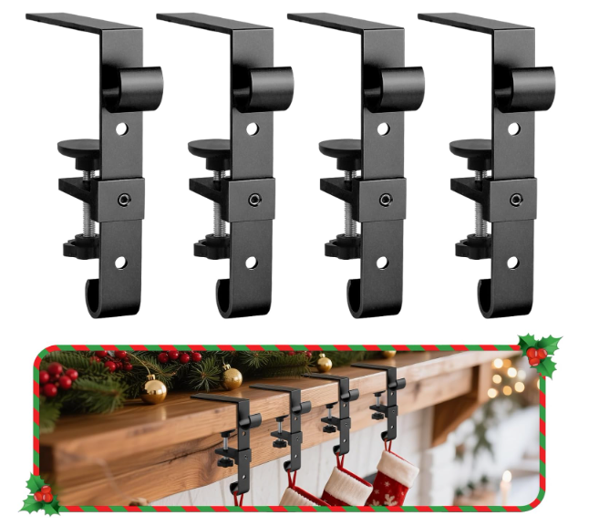 Acrridi Stocking Hangers for Mantel,4 Pcs 2 in 1 Adjustable Fireplace Christmas Stocking Holder,NoDrill, Easy to Install Garland Hanger for Christmas Decorations,Fits 0.1”3.5”Mantles(Black, 4)
