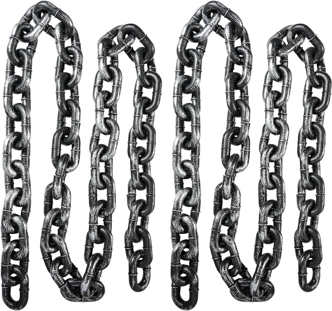 Halloween Plastic Chains Props, 2 Pack 6 Ft Plastic Black and Silver Removable Large Plastic Chain Link for Halloween Party Decoration Cosplay Accessory (Style 1)