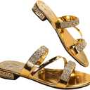 GORGLITTER Women's Gold Strappy Wedge Sandals 2025 Dressy Summer Sparkly Shoes Gold 8.5