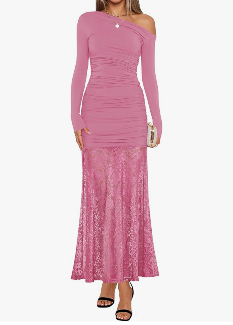 ZESICA Women's Long Sleeve Off Shoulder Bodycon Dresses Fall 2026 Ruched Lace Wedding Guest Cocktail Formal Maxi Dress S Pink
