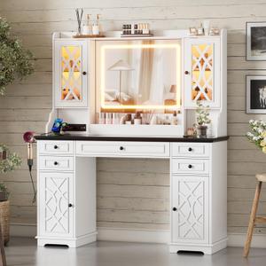 PAKASEPT Large Vanity Desk with Mirror and Lights,Makeup Vanity with 3 Lighting Modes& Charging Station, 5 Drawers, 4 Cabinets, Farmhouse Vanity for Women, Girls (White&glass Desktop)