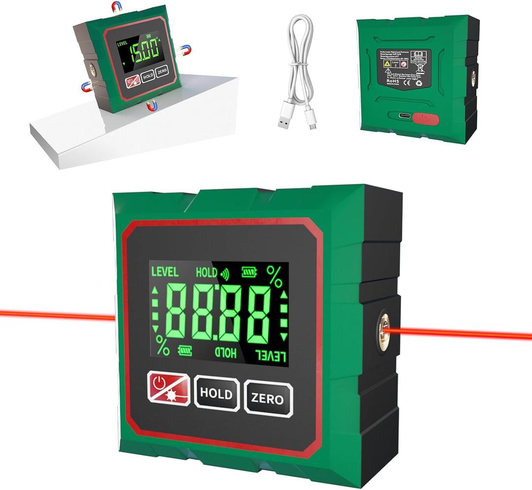 Digital Angle Finder with Laser, 4 Side Magnetic Inclinometer Angle Gauge Cube with Backlight, USB Charging Electronic Level Tool Protractor for Woodworking, Table Saw