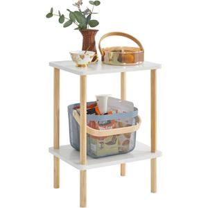 IBUYKE 2-Tier Side Table, Solid Wood Tall End Table with Storage Shelves, Nightstand Bedside Table for Living Room Bedroom Office, No-Tool Assembly, White UWST002W