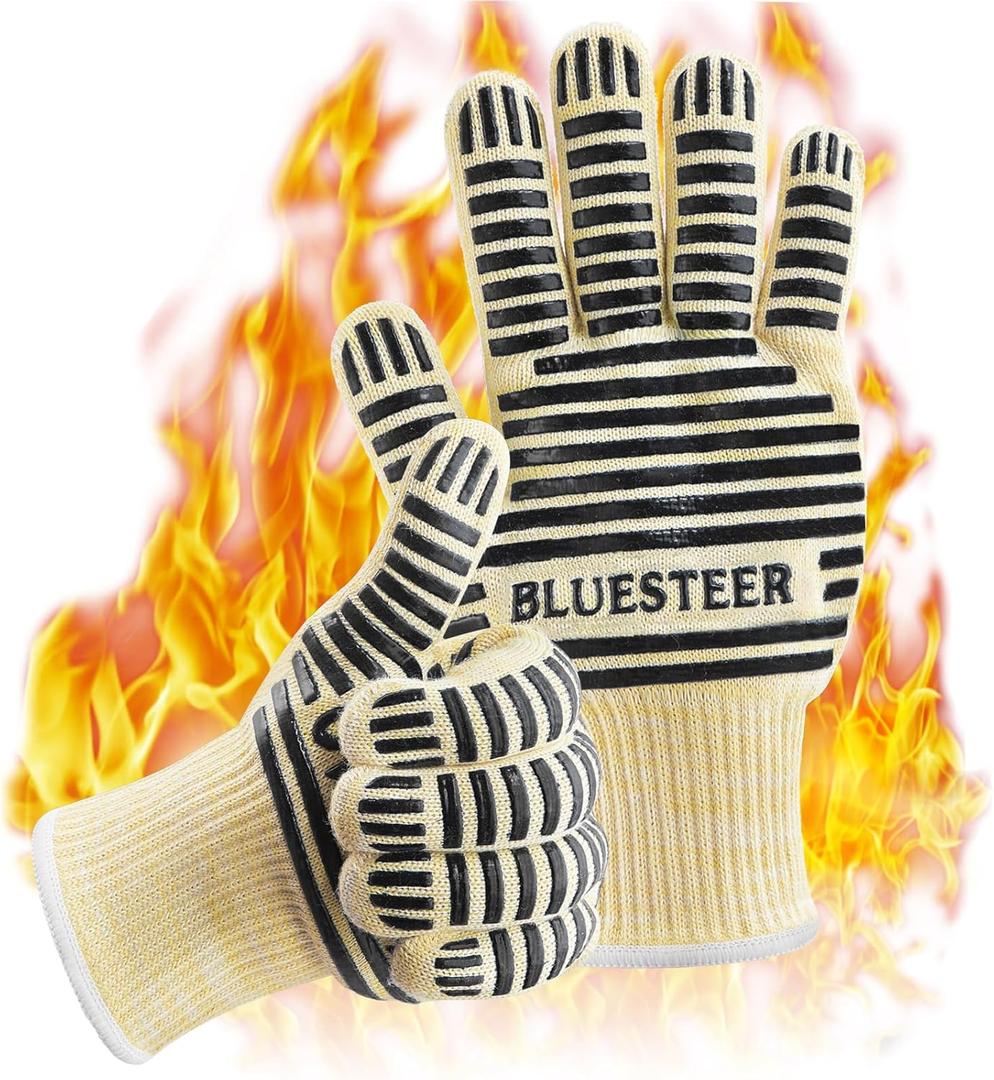 Oven Gloves, Heat Resistant 540 Degrees Grilling Gloves, Hot Surface Handler Non-Slip Silicone Oven Mitts with Fingers, BBQ Gloves for Cooking/Kitchen/Baking, Pack of 2 (One Size Fits Most, Deep Black) 9"L x 5"W