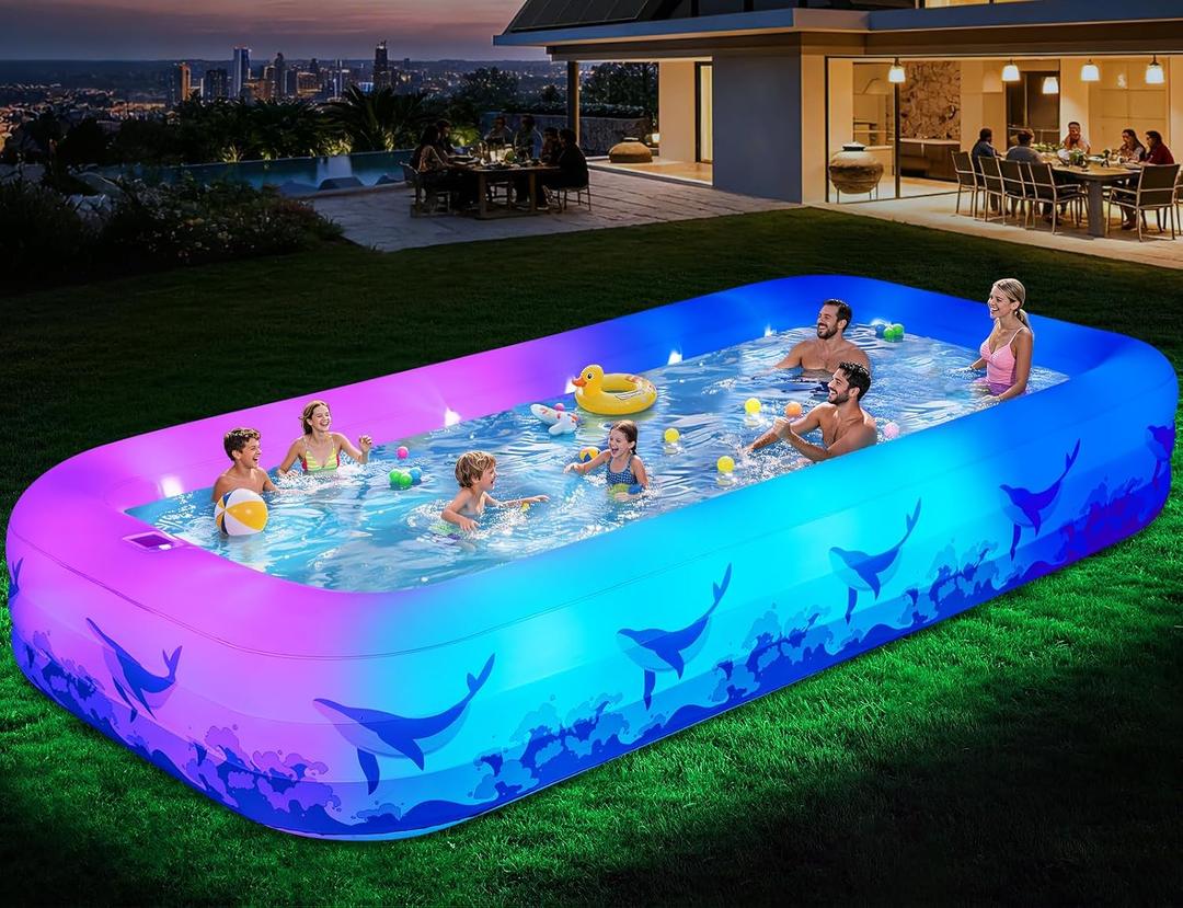 Large Inflatable Swimming Pool with Light, 12FT X 6.2FT Solar Blow Up Pool Inflatable Pool for Kids Adults, Durable Thickened 7 Color Family Kiddie Pool for Backyard Outdoor