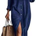 chouyatou Women's Fall Corduroy Button Down Shirt Dress Casual Lapel a Line Pleated Tunic Shift Midi Long Dress, Large