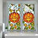 2 x Halloween Jack o Lantern Pumpkin Window Film 18 x 39 Inch Stained Glass Window Cling Decorative Privacy Film Vine Leaves Lamp for Glass Windows Fall Seasonal Decor