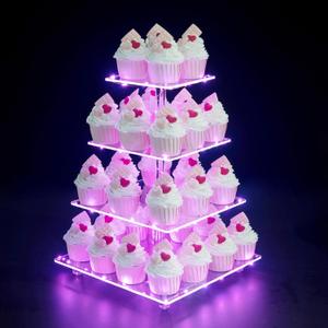 Cupcake Stand, 4-Tier Square Cupcake Holder with LED Light String, Acrylic Cupcake Tower Display-Dessert Tower-Pastry Stand-Cupcake Tier Stand for Wedding, Birthday Party ( Pink Light)