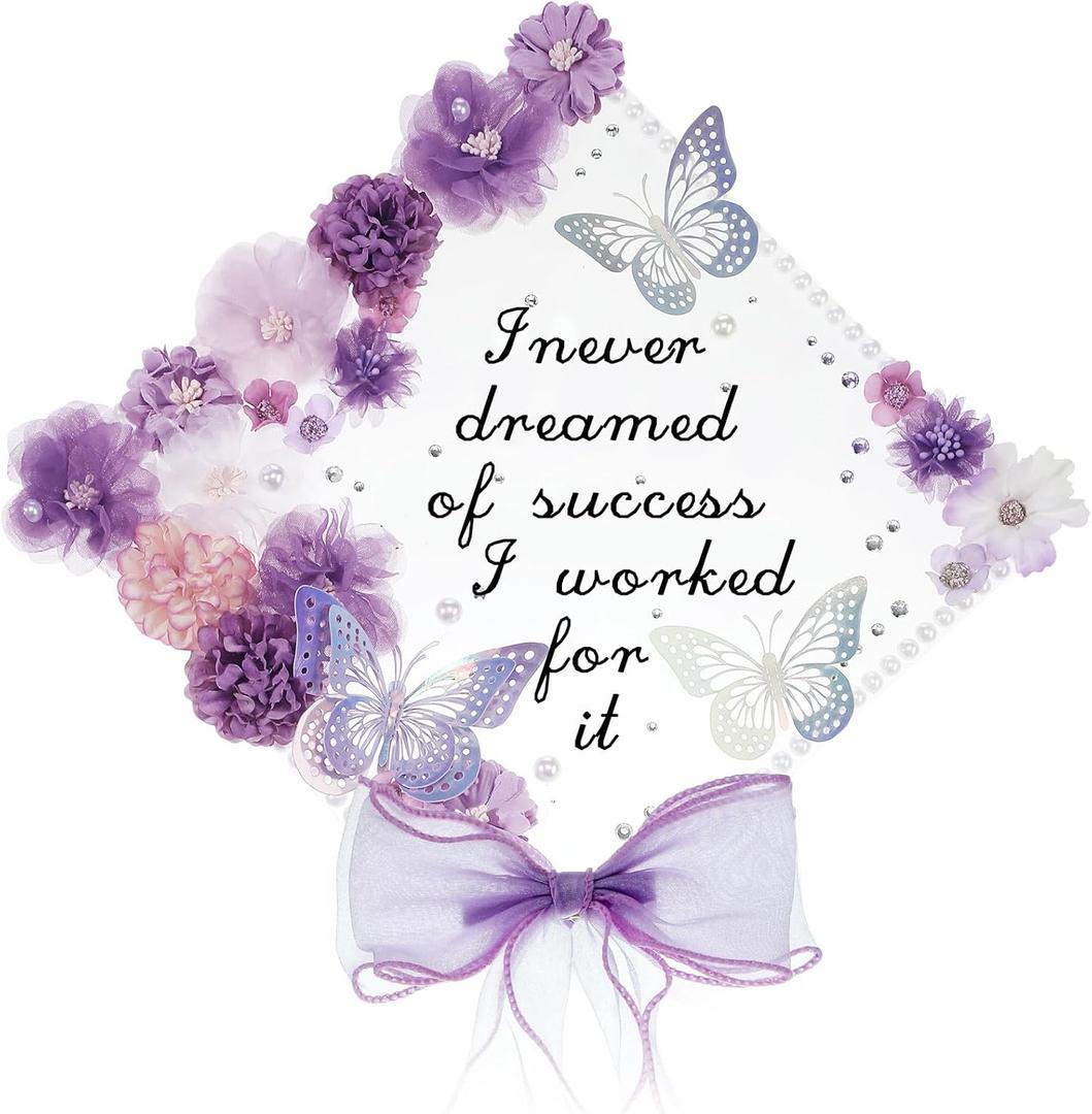 35 Pcs DIY Graduation Cap Decorations Accessory Kit, 3D Artificial Flowers, Butterfly & Alphabet Letter Stickers, Pearl Stickers, Bowknot for Grad Hats Decor(Purple)