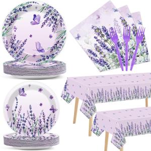 98 Pcs Purple Party Supplies Lavender Paper Plates Napkins Tablecloths Watercolor Floral Tableware Table Cover Set for Spring Summer Girl Baby Shower Birthday Party Decorations for 24 Guests