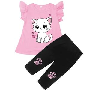 Popshion Kids Girls Summer Outfit Flutter Sleeve Low High Cat T Shirt Capris Leggings Toddler 2 Piece Clothes Set 5-6 Years/6t