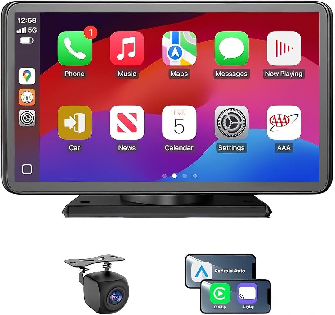 7" Wireless CarPlay Screen for Car - Apple CarPlay & Android Auto Portable Touch Screen with Backup Camera, Bluetooth, FM Transmitter, Voice Control for All Vehicles (Black)