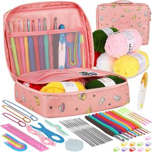 Aeelike Crochet Kit for Beginners Adults, Crochet Kits Include Yarn, 59pcs Crochet Starter Kit for Beginners,Ergonomic Crochet Hooks 2.0-6.0 mm, Lace Steel Needles 0.6-1.9 mm (pink cat)