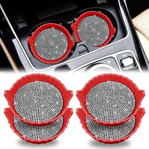 Bling Car Cup Holder Coaster,Non-Slip Sparkly Crystal Rhinestone Car Cup Holder Coasters,Non-Slip Durable Car Coasters,Universal Car Cup Holder Insert(Red Whole Rhinestone, 4 Pack)