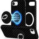 Jusy Compatible with Magsafe Polka Dot Phone Case for iPhone 16e/17e, Cute Aesthetic Magnetic Ring Holder Stand Case, Soft TPU and Hard PC Protective Phone Cover for Women Girls - Black Polka Dot