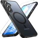 Magnetic for Samsung Galaxy A35 5G Case with Tempered Glass Screen Protector, Compatible with MagSafe, Shockproof Protective Translucent Back Phone Case Cover for Samsung A35 5G (Black)
