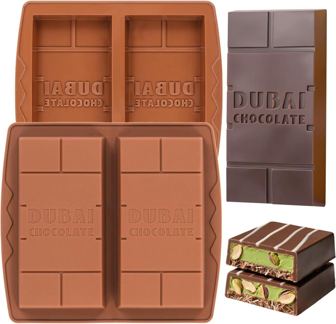 2 x 1 Inch Chocolate Bar Mold Deep Dubai Stuffed Chocolate Molds Silicone Large Break Apart Candy Molds (2 Pcs) (Mix)