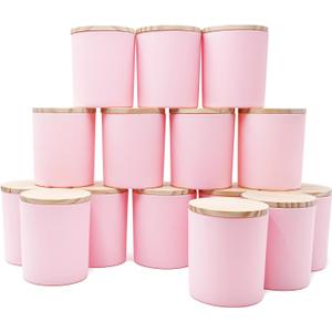 SHOWIN 10 OZ Thick Candle Jars for Making Candles 15 Pcs, Empty Jars with Wood Lids for Candle Making, Sample Container, Matte Pink