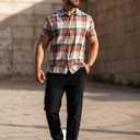 COOFANDY Mens Button Up Shirts Short Sleeve Collared Button Down Shirt Men Checkered Shirt Orange