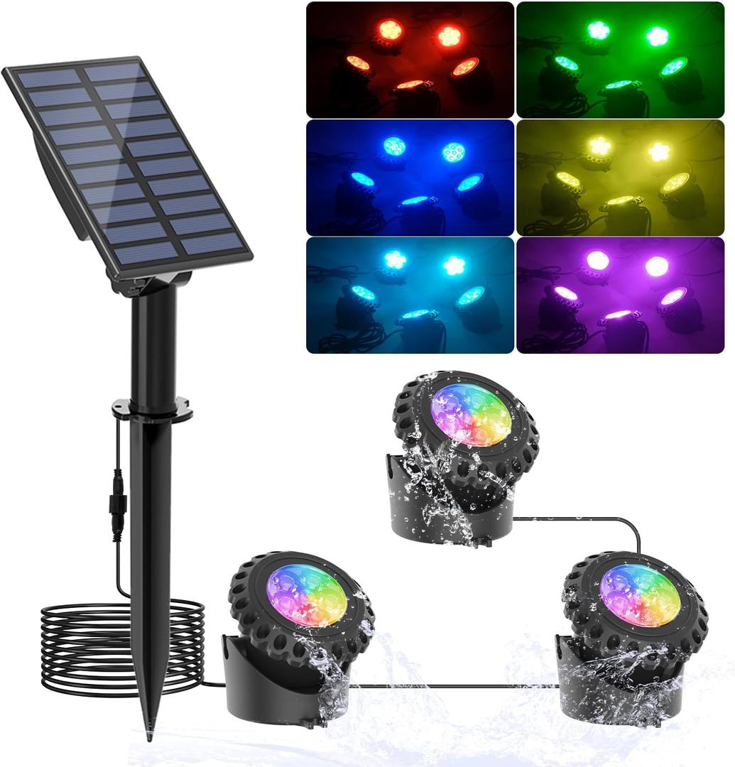 T-SUN Solar Fountain Lights Submersible Solar LED Underwater Pond Lights Color Changing Landscape Spotlights IP68 Waterproof for Garden Fish Trank Aquarium Pool Waterproof (3 Lights in 1)