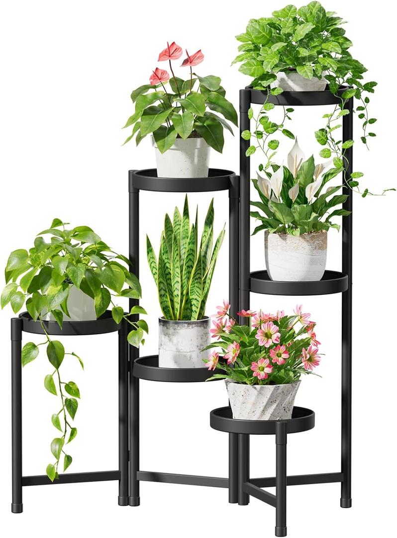 iDavosic.ly 6 Tier Metal Plant Stand for Indoor Outdoor, Folding Tiered Corner Flower Display Holder Shelf, 31 Inch Tall Rack for House Patio Balcony Garden Living Room, Modern Black