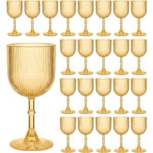 Plastic Goblets, 9oz Ribbed Acrylic Wine Glasses, Vintage Drinking Glasses with Stem, Unbreakable Reusable Disposable Water Goblets Bulk for Parties Weddings Dinner Mother's Day (Gold, 24pcs)