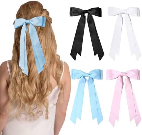 Pack of 2 4PCS Hair Bows Hair Clips, RSWETE Stain Bow Hair Ribbon for Women Girls French Barrette Ponytail Bow Clip Hair Accessories Elegant Cute (White & Black & Pink & Blue)