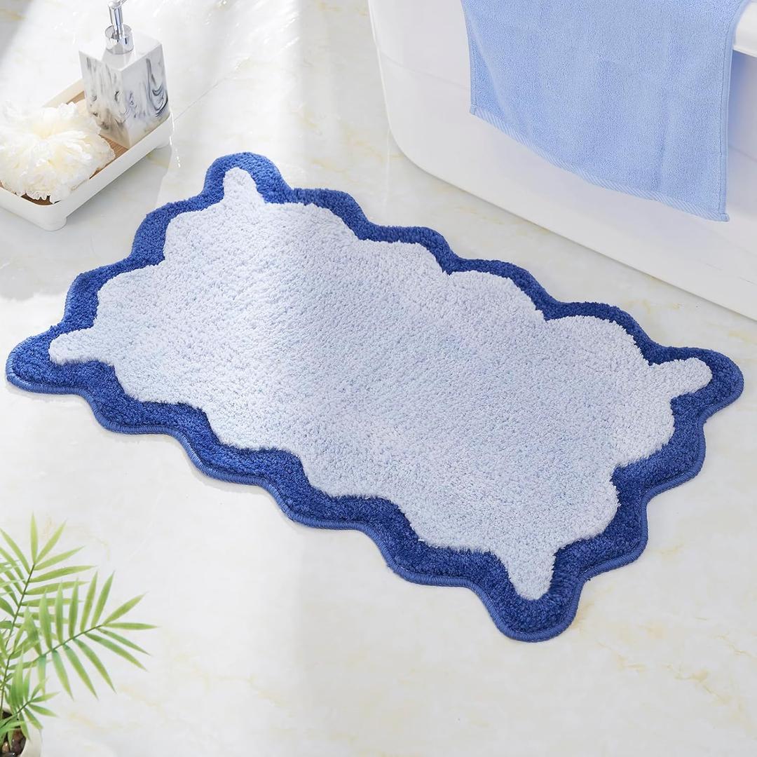Luxury Cute Bathroom Rugs, Blue Bath Mat W/Navy Blue Scalloped Edge, Microfiber Aesthetic Trendy Funky Fun Preppy Rug, Extra Soft Bathroom Mat Non-Slip for Tub, Shower, 30'' x 20'' (1'8" x 2'6" (Rectangular))