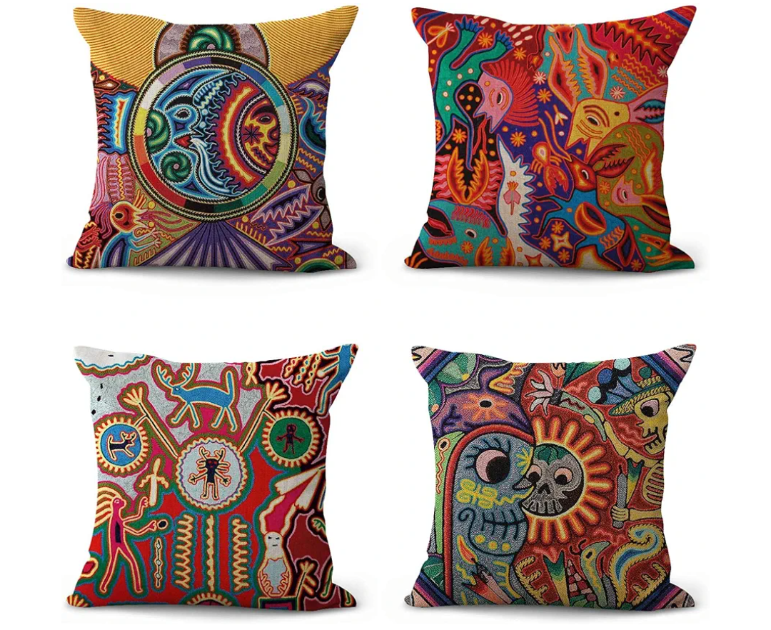 ArtSocket Set of 4 Linen Throw Pillow Covers Mexican Huichol Decorative Pillow Cases Home Decor Square 17.5x17 inches Pillowcases