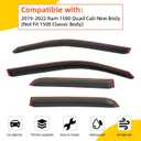 4pcs Smoke Tint Rain Guard Window Visors Compatible with 2019-2025 Dodge Ram 1500 New Body Quad Cab (2 Full-Size Doors, 2 Half-Size Doors) Tape-On Vent Deflector Car Accessories Out-Channel