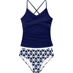 Girls Swimsuit Tankini Criss Cross Ruched 2 Piece Bathing Suit Printed Girl Swimwear for Teens  (Blue, S) 11-12Y