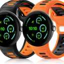 2-Pack Sport Bands Compatible with Google Pixel Watch 3 45mm Band, Soft Loop Silicone Wristbands Waterproof Replacement Strap for Pixel Watch 3 for Men,BlackOrange+OrangeBlack