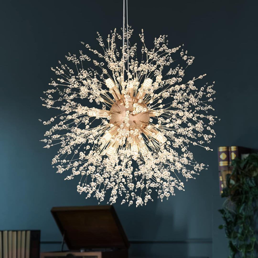 SineRise Modern Crystal Chandeliers Firework, Crystal Light Fixture, Dandelion Chandelier (12-Light, Gold) for Foyer Hallway Entryway Kitchen Bedroom