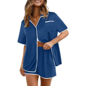 Ekouaer Pajamas Set for Women Short Sleeve Casual Sleepwear Button Down Pj Sets Shorts Soft Loungewear for Summer,S-XXL (Blue, S)