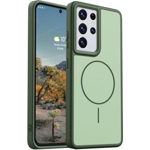 Rayboen for Magnetic Samsung Galaxy S21 Ultra Case 5G, [Compatible with Magsafe] Frosted Skin-Feel Solid Dual-Tone Panel with Soft Edge, Protective Slim Fit Phone Cover for S21 Ultra, Matte Green