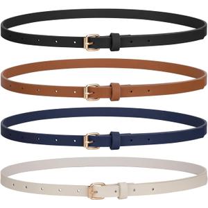 JASGOOD 4 Pack Skinny Women Leather Belt for Dresses Thin Waist Belt for Jeans Pants with Gold Buckle (A-black+brown+navy Blue+beige)