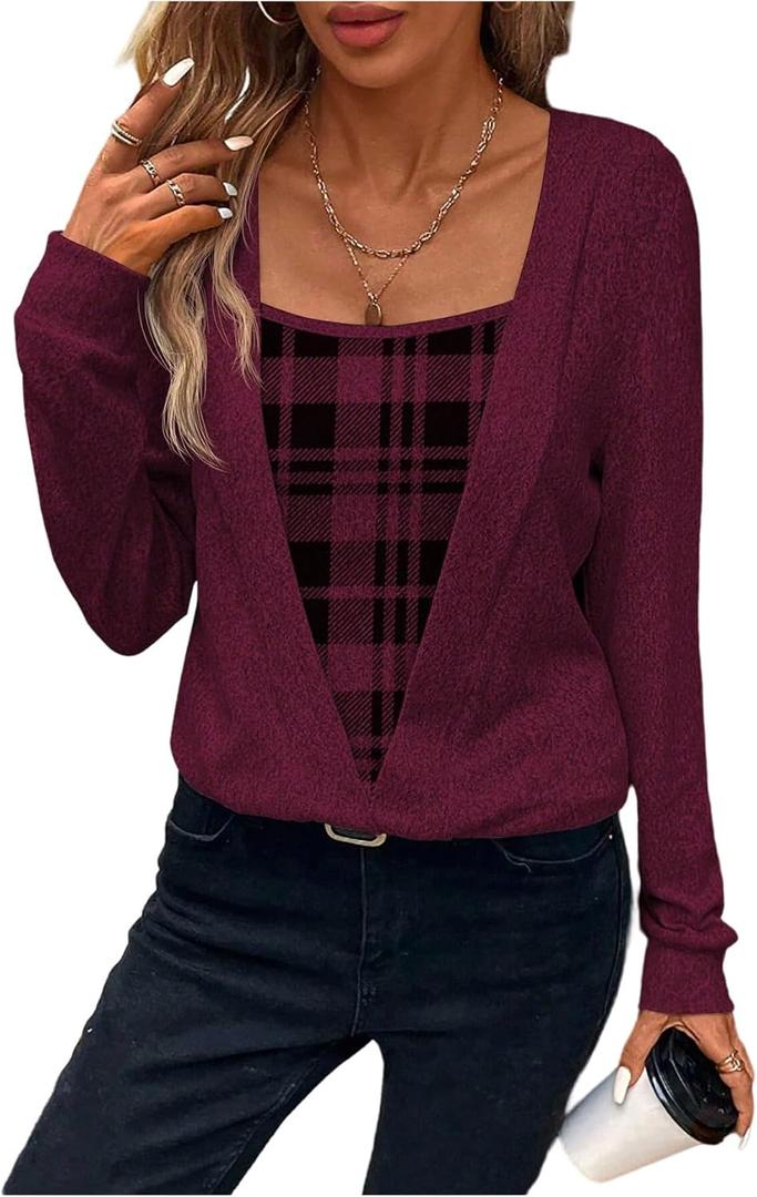 GORGLITTER Women's Plaid Checkered Printed Lightweight Sweater Tops Trendy Fall Casual V Neck Long Sleeve Knitted Tops (Large)
