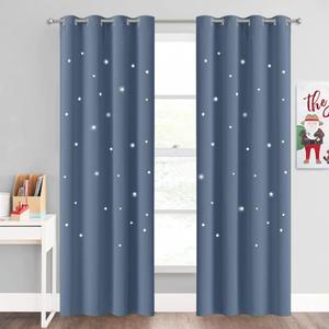 NICETOWN Stone Blue Nursery Curtains with Cut Out Stars, Room Darkening Kids Curtains for Small Window Decor, Grommet Thermal Insulated Short Drapes, 2 Panels, 52 x 84 Inch
