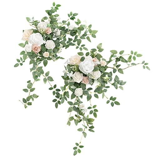 Ling's moment 2PCS Artificial Floral Swags Arch Flowers Wedding Centerpieces Flower Rose Garland Mantel Greenery Arrangements for Sweetheart Welcome Signs Decor Wall Window Home Decor White & Sage