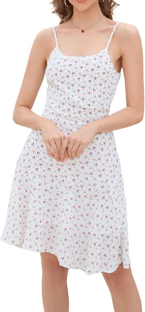 ZTC Floral Summer Dress for Women Spaghetti Strap Sleeveless A-line Dress Casual Beach Daily Wear Perfect for Vacation (White, L)
