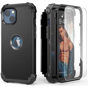 IDweel for iPhone 14 Plus Case with Screen Protector for Men Women,Luxury 3 in 1 Shockproof Slim Fit Hybrid Heavy Duty Hard PC Cover Soft Silicone Bumper Full Body Anti-Fingerprint Case,Black