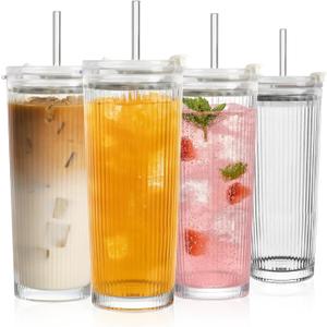 WERTIOO 20 Oz Ribbed Glass Tumblers with Straw and Lid, Glassware Drinking Glasses Set of 4, Leak Proof Ice Coffee Cups Reusable, Thickened Glass, Ideal for Iced Coffee, Smoothies and Juices