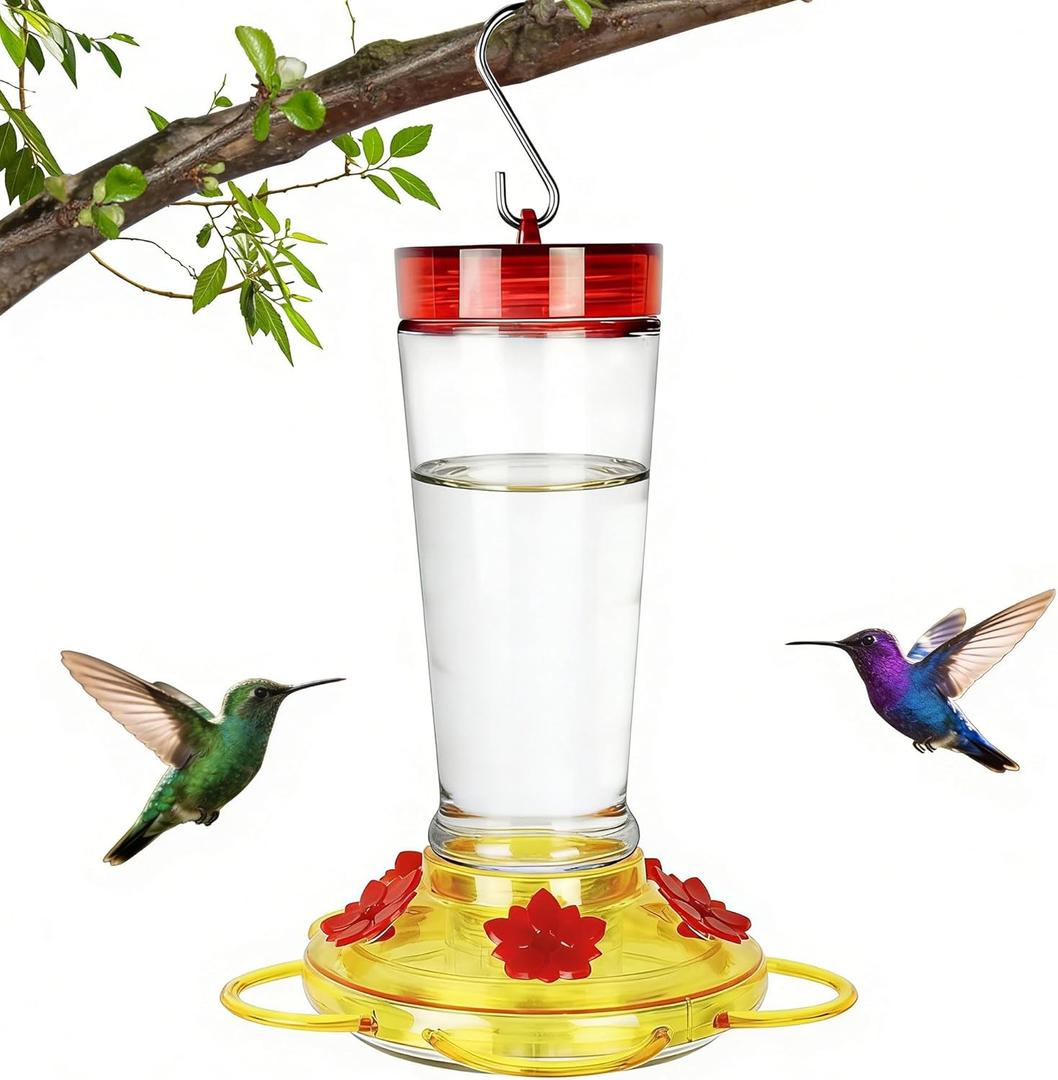 Joliyoou Hummingbird Feeder, 10 Once Glass Hummingbird Feeder Outdoor Hanging, Bird Nectar Feeder (Yellow Cover with Red Flowers - 1 PACK)
