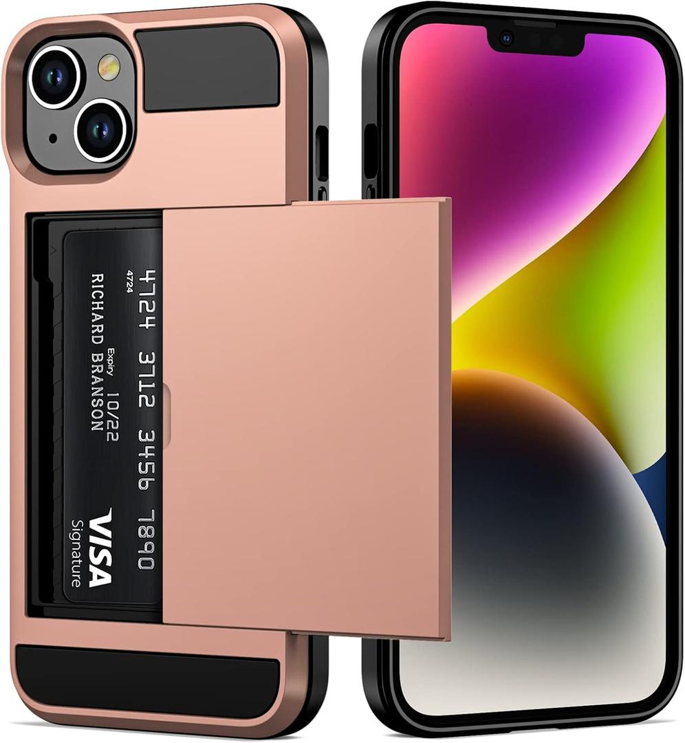 Vofolen for iPhone 14 Case Wallet Credit Card Holder ID Slot Sliding Door Hidden Pocket Men Women Anti-Scratch Dual Layer Hybrid Bumper Armor Protective Shell Back Cover for iPhone 14 6.1" Rose Gold